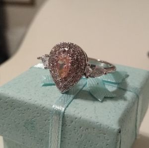 14k White Gold Finish Over Sterling Silver Pear Cut Halo Pink Topaz Ring sz 9